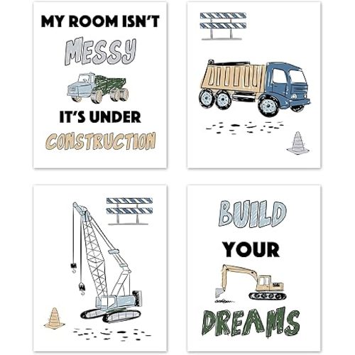 Sweet Jojo Designs Construction Truck Wall Art Prints Room Decor for Baby, Nursery, and Kids - Set of 4 - Grey Yellow Orange Black Green and Blue Transportation