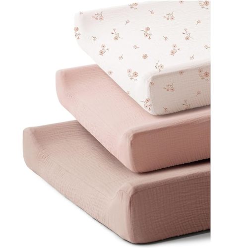 3 Pack Muslin Changing Pad Covers for Girl, Boy, 100% Soft Cotton Changing Table Cover, Breathable Baby Nursery Diaper Change Pad Fitted Sheets (Daisy Petal)