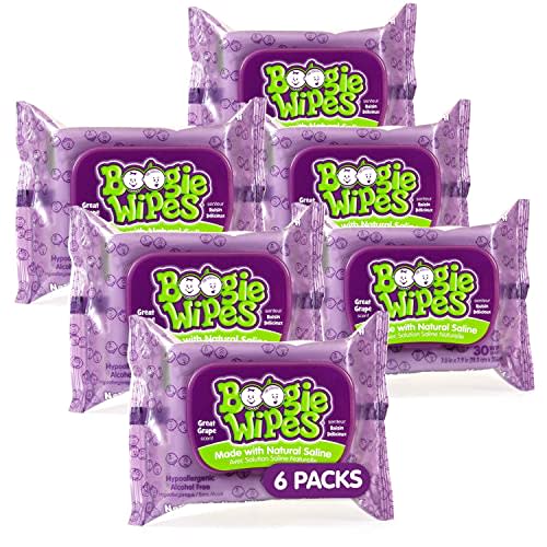 Saline Nose Wipes by Boogie, for Baby & Kids, Face, Hand & Body, FSA/HSA Eligible, Made with Vitamin E, Aloe, and Natural Saline, Grape Scent, 30 Count (Pack of 6)
