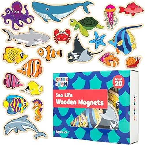Spark & Wow Wooden Magnets | Sea Life | Magnets for Kids Ages 2+ Open-Ended Play | Adhere to Fridges, Whiteboards and More