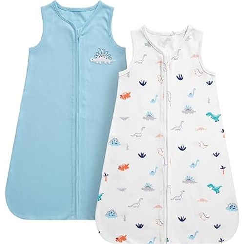 DaysU Baby Sleep Sack 6-12 Months 100% Cotton, Baby Boy Wearable Blanket 2-Way Zipper TOG 0.5, Breathable Lightweight Baby Sleeping Bag 2 Pack, Dinosaur, Medium