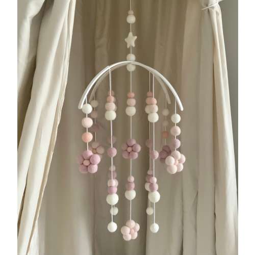 Blush daisy baby mobile /blush flower felt ball cot mobile , pastel pink daisy arched nursery mobile / contemporary flower mobile