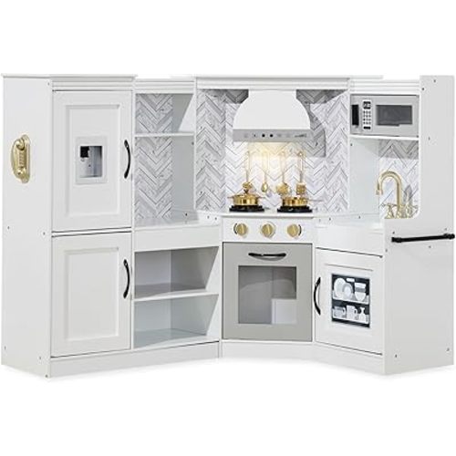 Best Choice Products Pretend Play Corner Kitchen, Ultimate Interactive Wooden Kids Playset w/Lights & Sounds, Ice Maker, Hood - White