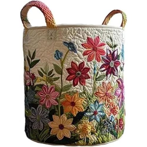 Quilted Laundry Basket With Handles,boho fabric storage basket,multi-functional clothes storage basket，Lightweight and foldable design (Style P, L：20in*28in)
