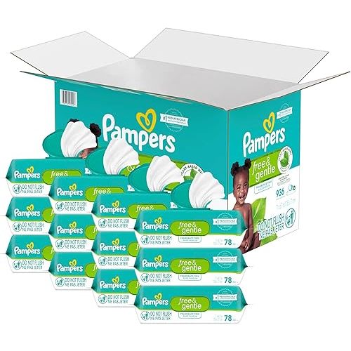Pampers Baby Wipes, Free & Gentle, Hypoallergenic and Unscented Wipe, 100% Plant Based, Plastic-Free for Babies, 936 Total (12 Flip-Top Packs)