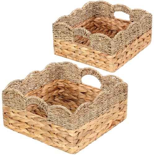 Scalloped Baskets (Natural-Set of 2) Wicker Basket For Decor, Basket Living Room Organizer, Bathroom, Bedroom, Laundry,... Water Hyacinth Mix Seagrass Storage Baskets with Built-in Handles.