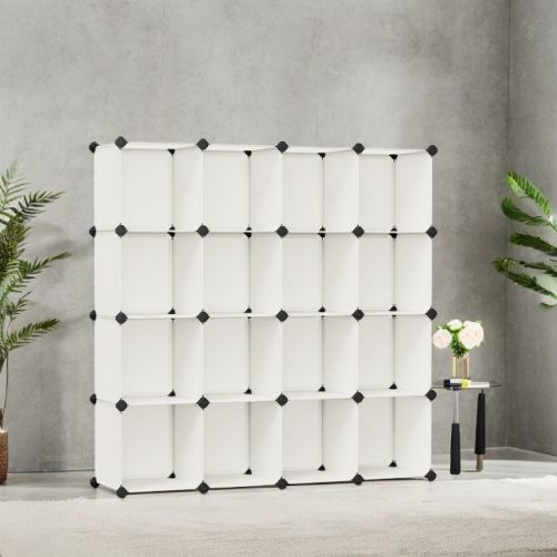 Cream White Cube Storage Organizer, A Set Of 16 Plastic Cubes. It Doubles As A Book Shelf And Closet Organizer.sized 12.2 X 48.4 X 48.4 Inches.