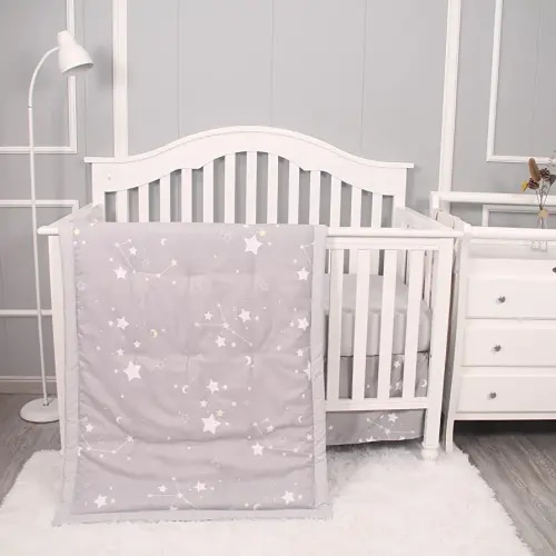 3 Piece Crib Bedding Set for Baby Boys Girls, Classic Nursery Bedding Essential Including Comforter, Crib Sheet and Crib Skirt, Ultra Soft Cozy, Star Light Grey