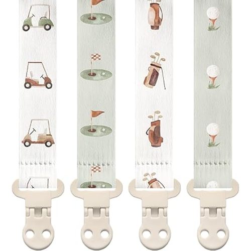Stadela Baby Pacifier Clip Holder - Girl or Boy Unisex 4 Pack Gift Set – Neutral Modern Golf Theme Green Brown Beige