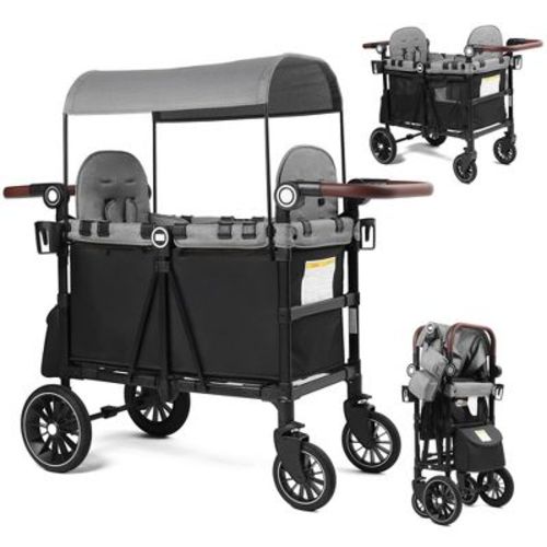 Kinder King All-Terrain Stroller Wagon for 2 Kids with Canopy, Shock-Absorbing Wheels, Storage Bag, Snack Tray & Adjustable Leather Handle, Black&Grey