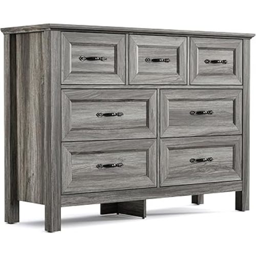 LINSY HOME Farmhouse 7 Drawers Dresser for Bedroom, Wood Chest of Drawers with Metal Handle, Wide Dresser Organizers for Bedroom, Nursery, Closet, Grey