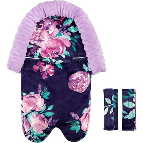 Baby Car Seat Head Support for Girls, Infant Carseat Insert Super Soft Fleece Newborn Headrest Seatbelt Covers for Car Seat, Stroller, Bouncer, Purple Flower