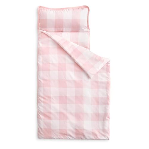 Wake In Cloud - Toddler Nap Mat with Pillow and Blanket, for Kids Boys Girls in Kindergarten Daycare Preschool Pre K, Roll Up Sleeping Bag, Gingham Plaid Grid Checkered, Light Pink White, Extra Long