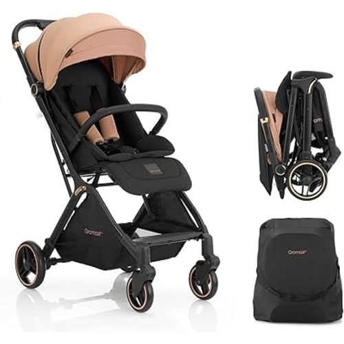 Gravity Folding Baby Stroller - Portable Travel Toddler Stroller w/Adjustable Backrest & Canopy, Lightweight and UV Protected, One-Hand Automatic Folding - Khaki
