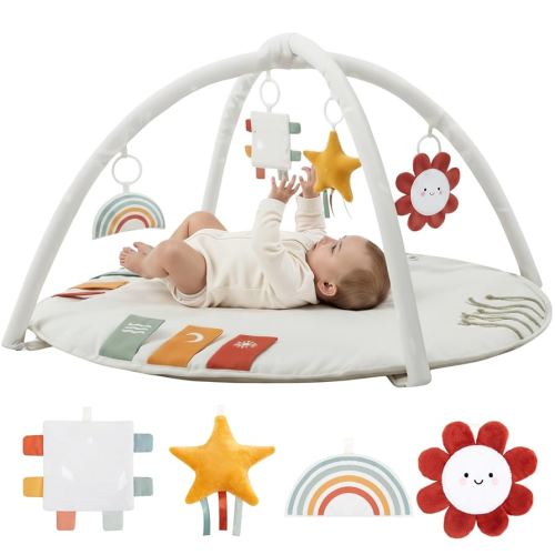 Beautiful Baby Play Gym and Tummy Time Mat - Soft Cotton Mat with 4 Cute Toys & Cards Creates The Perfect Activity Area for Your Girl/Boy - Stylish Infant Floor Playmat for Any Playroom Decor