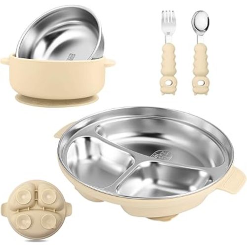 Stainless Steel Baby Plate and Bowl with Suction, Baby Bowl and Divided Kids Toddler Plate with Removable Silicone Shell, Non-Slip Toddler Baby Feeding Set, Forks + Spoons Included-Cream