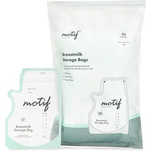 Motif Medical, Milk Storage Bags, 6 oz Milk Freezer Bag with Easy Pour Spout, BPA Free, Write-On Label - 90 Count