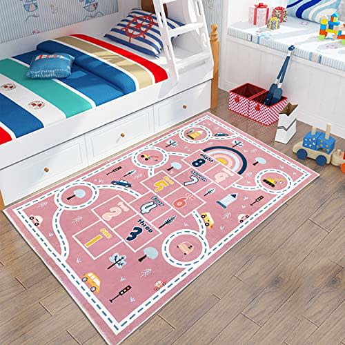 Abeigoi Kids Rug Hopscotch Play Mat 3.3x5Ft Playroom Rug Car Bedroom Rug Hopscotch Mat for Girls Non-Slip Soft Children Numbers Educational Area Rug for Girls Bedroom Nursery Decor, Pink
