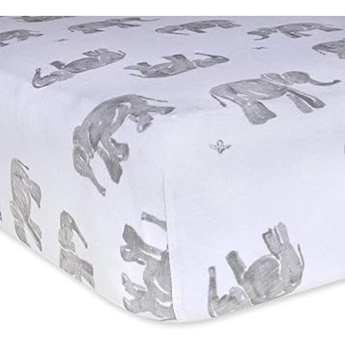 Burt's Bees Baby Print Fitted Crib Sheet Organic Cotton BEESNUG - Grey Wandering Elephants Animal Prints, Fits Unisex Standard Bed and Toddler Mattress, Infant Essentials, 52 x 28 Inch 1-Pack