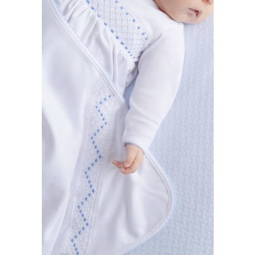 The Beaufort Bonnet Company - "Sweetly Smocked Blessing Blanket" in Worth Avenue White with Buckhead Blue