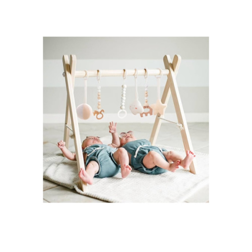 Wooden Baby Gym with 6 Gym Toys, Foldable Baby Play Gym, Natural Pine Wood Play Gym, Frame Activity Center Hanging Bar, Wooden Play Gym