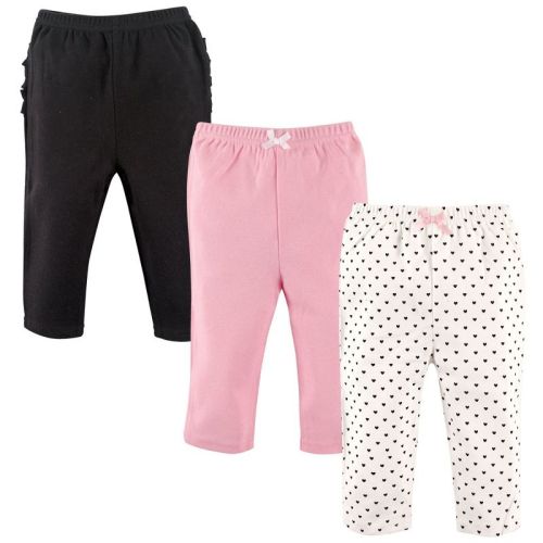 Hudson Baby Infant and Toddler Girl Cotton Pants 3pk, Black Hearts, 0-3 Months