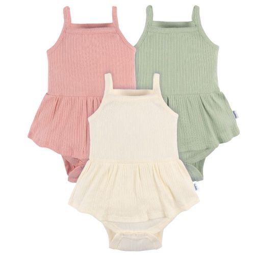 Gerber Baby Girls' 3-pack Sleeveless Skirted Onesies Bodysuits, Antique White, 6-9m