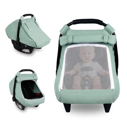 Car Seat Cover Baby, Summer Carseat Covers for Babies Girls Boys Breathable Muslin Cotton HNHUAMING Infant Car Seat Canopy with Large Mesh Window, Cozy & Windproof Newborn Stroller Cover, Green
