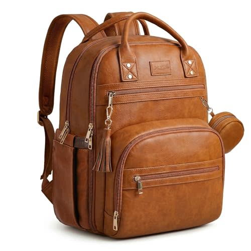 ROSEGIN Premium Vegan Leather Diaper Bag Backpack with Waterproof Changing Pad, Reinforced Zippers & Odor-Free, 20 Pockets Pro Organizer, Fits 15.6" Laptop, Stroller Straps, Baby Bag for Mom, Brown