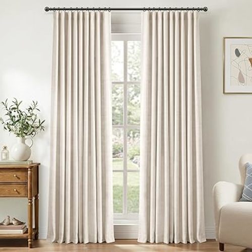 100% Blackout Shield Full Blackout Curtains for Bedroom 84 inch Length 2 Panels Set, Clip Rings Faux Linen Black Out Curtains for Living Room, Thermal Insulated, 50Wx84L, Beige