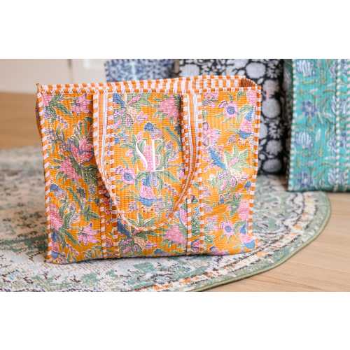 Embroidered Cotton Quilted Bag, Block Print Tote Bag for Women, Boho Travel Bag, Handmade Shoulder Purse, Large Floral Weekender, Bridesmaid
