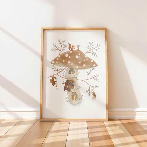 Whimsical Woodland Mushroom Shops Art Print – Whimsical library and Forest Animal Nursery Wall Decor - Woodland Wall Art For Children's Room