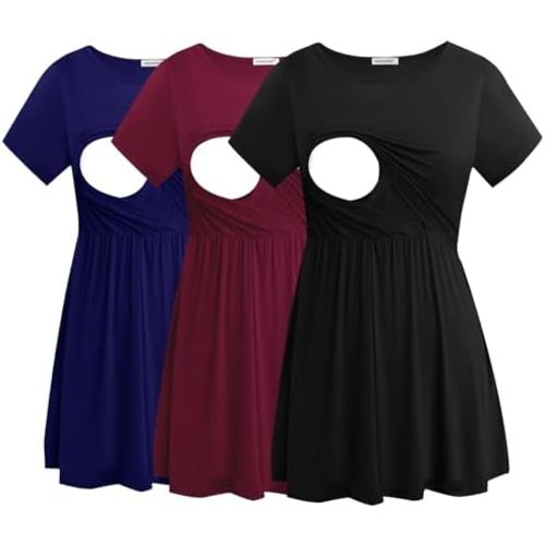 Smallshow Women's Maternity Nursing Tops 3 Pack Short Sleeve Breastfeeding Shirt