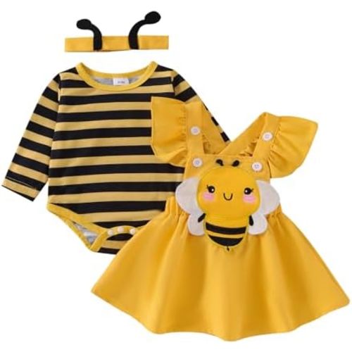 Newborn Baby Girl Halloween Outfit Long Sleeve Romper Onesie Suspender Skirt Headband Cute Fall Winter Clothes 3Pcs