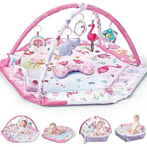 7-in-1 Large Baby Play Mat Tummy Time Mat Play Mat for Babies 0-6 Months, 5 Tummy TimeToys, 18 Ocean Toys, and 1 Tummy Time Pillow, Baby Activity Mat Easy to Install & Clean, Baby Gift