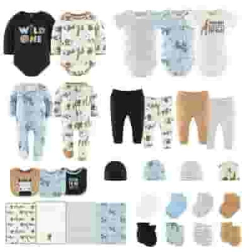The Peanutshell Newborn Layette Gift Set for Baby Boys, Blue Safari, 30 Essential Pieces, 0-3 Months