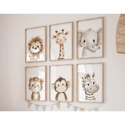 Safari Animal Nursery Wall Art Set of 6, Neutral Jungle Baby Room Decor, Lion Giraffe Elephant Prints, Cute Zoo Animals for Boys or Girls