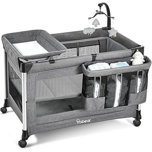 4-in-1 Baby Bassinet with Mattress - One-Push Setup Playard - Bedside Crib with Diaper Changer from Newborn to Toddler (Grey)