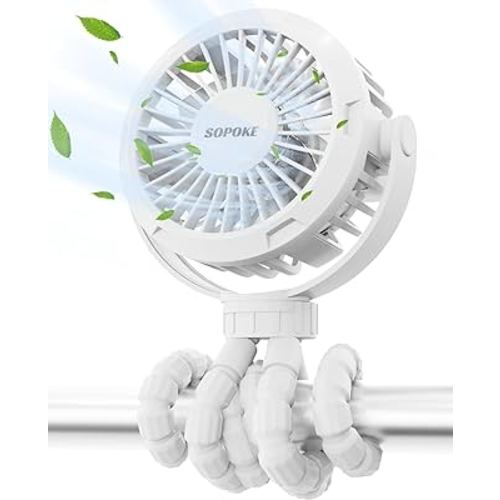 Mini Portable Baby Stroller Fan,3 Speed Personal Handheld Fan,Battery Operated Rechargeable 360° Flexible Tripod Cooling Fan, Suitable for Car Seat Crib Treadmill Golf Cart Travel(White)