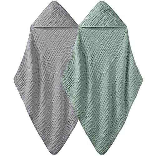 Yoofoss Hooded Baby Towels 100% Muslin Cotton 2 Pack Baby Bath Towel 32x32Inch, Extra Soft and Absorbent Hooded Towels for Baby, Infant and Toddler, Baby Bath Essential for Boys Girls (Green & Grey)