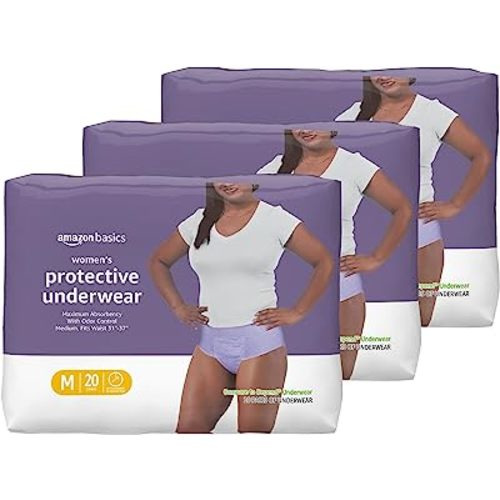 Amazon Basics Incontinence Underwear for Women, Protective, Disposable, Postpartum, Maximum Absorbency, Medium, Lavender, 60 Count (3 Packs of 20)