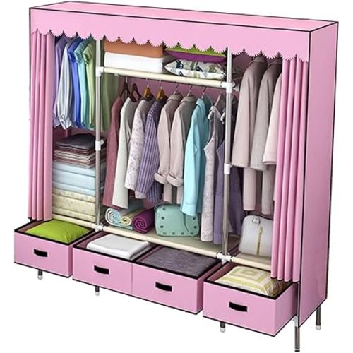 Pink Girl Wardrobe,Multifunction with Drawer Storage Closet Metal Bracket Fabric Wardrobe Solid Color Oxford Cloth(Size:168 * 165 * 45CM)