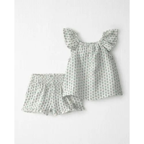 Baby Girl 2-Piece Organic Cotton Gauze Top & Short Set in Floral - Little Planet | size 9M