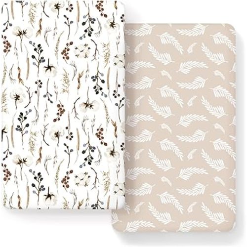 Stretch Ultra Soft Jersey Knit Fitted Crib Sheets Set 2 Pack, Fits All Standard Crib Mattress Pads Safe and Snug, Stylish Pretty Flora for Baby, Beige