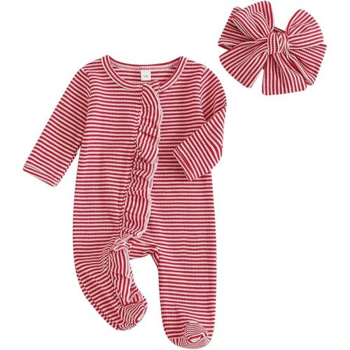 Ayalinggo Newborn Baby Romper Infant Girl One-piece Outfit Waffle Ruffle Zip Footie Spring Summer Clothes With Bow Headband Christmas Red 0-3 Months