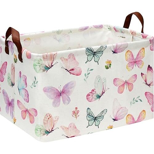 Rectangle Pink Butterfly Storage Basket with Handles, Collapsible Kids Toys Bin, Cute Baby Storage Basket,Books Box,Gift Basket(Pink Butterfly)