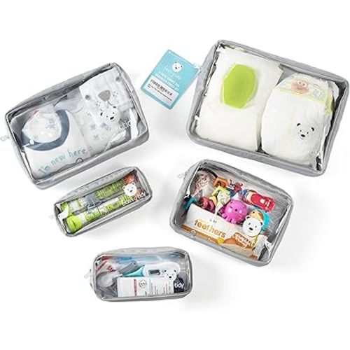 5 Piece Diaper Bag Organizer Pouch Set, Clear with Zippers and Nestable