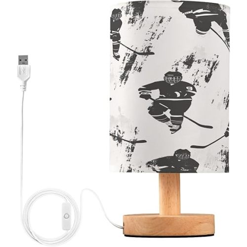 Black White Hockey Table Lamp with USB Port Night Light Bedroom Lamps for Nightstand Living Room Dorm Home Office Desk