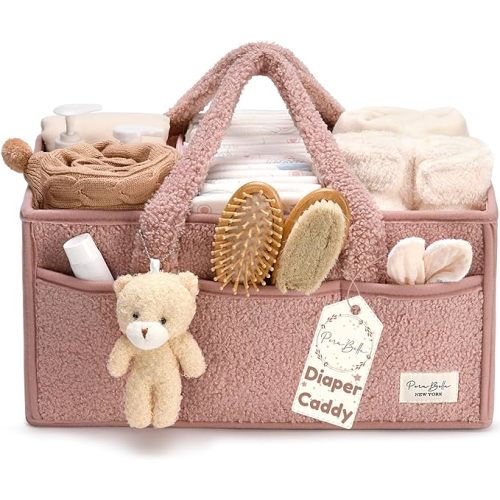 PeraBella Baby Diaper Caddy Organizer for Changing Table, Baby Storage Basket for Diapers and Baby Wipes, Gift for Baby Shower, Car Caddy Organizer, Nursery Diaper Organizer, Portable Diaper Storage - Extra Large - Powder Pink