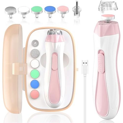 Baby Nail File Electric Baby Nail Care Set with LED Light, Baby Nail Clipper Electric for Newborn/Infants/Adults Toenails and Fingernails, 7 Grinding Head Replacement Pads, Pink